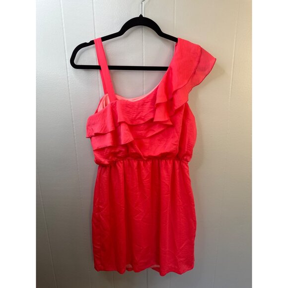 One-Shoulder Coral Pink Ruffle Dress L City Triangles Polyester Made In USA - Picture 2 of 4